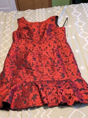 Ann Taylor Red and Black Floral Jacquard Sheath Dress